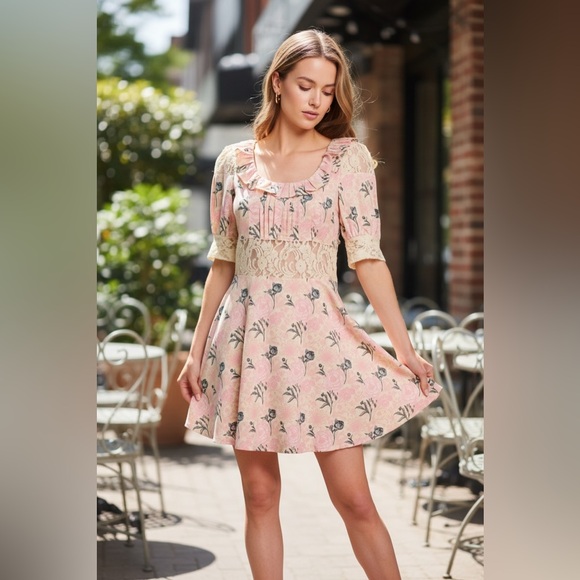 Alamia Dresses & Skirts - NWT Alamia Floral Lace Cream & Pink Mini Dress Boutique Romantic Coquette Girly